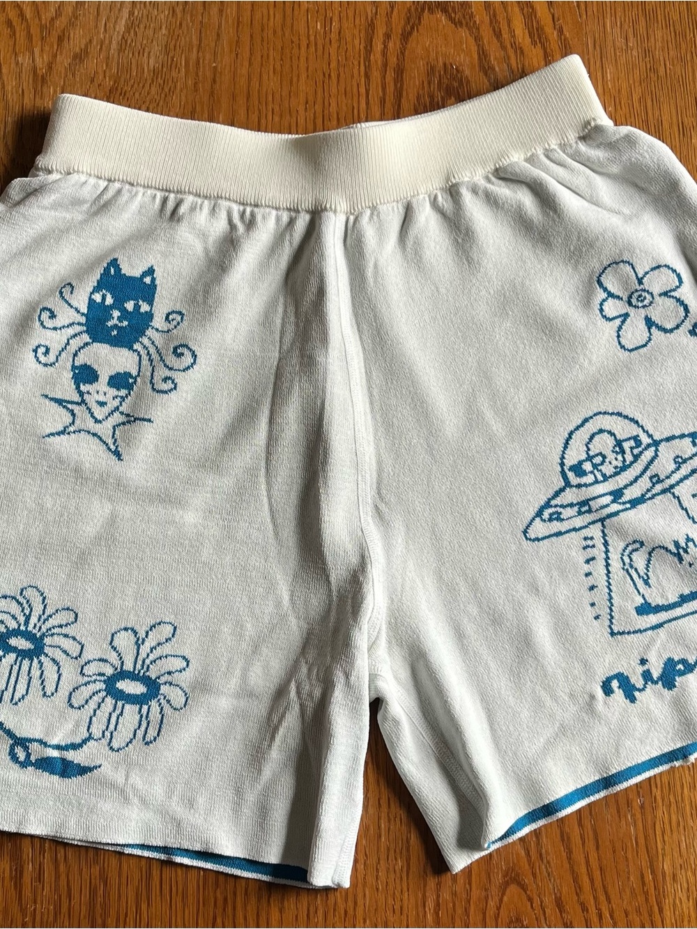 Ladies XS ripndip Blonded Knit Reversible Shorts Cat Aliens Off White Blue